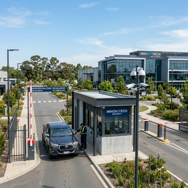 Cámara en la entrada de fábrica con plumas y vigilante - Seguridad Inteligente